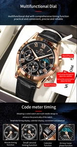 Detail view of multifunctional men's leather watch with black dial and moon phase display