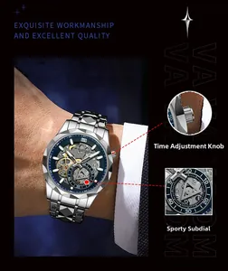 Detail of men's steel watch featuring a blue skeleton dial and 小秒盘 multifunction sub-dials