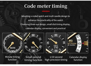 Detail view of men's chronograph watch dial showing date and precision sub-dials