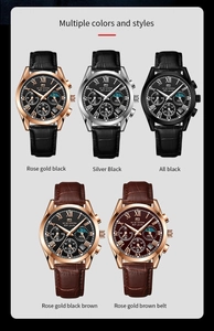 Matrix display of multi-functional business watches with leather straps in five colors