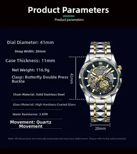 Macro detail of men's skeleton watch dimensions with 41mm case and 3ATM water resistance