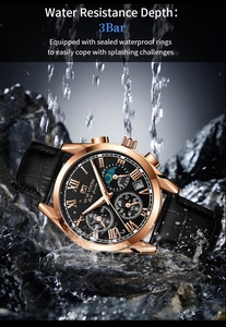 Men's rose gold multifunctional sport watch with black leather strap and water splash effect