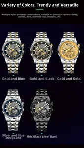 Detailed views of men's stainless steel watches with hollow dial and geometric steel bands