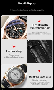 Detail of rose gold stainless steel case and black leather strap on VA-275 watch