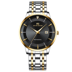 Men's business watch with black sunray dial, gold markers and two-tone steel bracelet