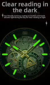 Macro shot of men's hollow watch dial with bright green luminous hands and markers