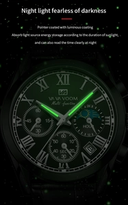 Macro shot showing strong green luminous hands and indices on black chronograph dial