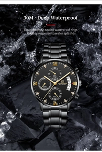 Detail of waterproof men's black stainless steel watch with golden Roman numerals and water splashes