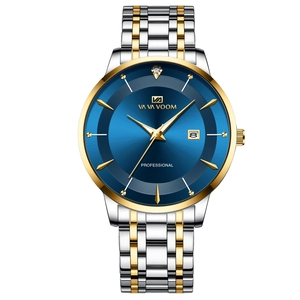 Business men's watch with blue sunray dial and gold-silver stainless steel strap