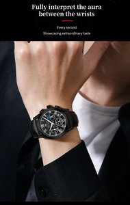 Close-up of multifunction men's leather watch with moon phase on business casual attire