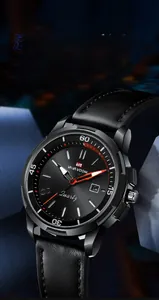 Macro shot of black men's business quartz watch with date window and leather strap