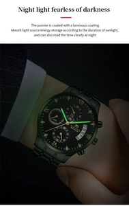 Detail of luminous green hands and markers on black stainless steel business watch