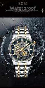 Detailed close-up of 30M waterproof men's steel watch with a hollow skeleton dial
