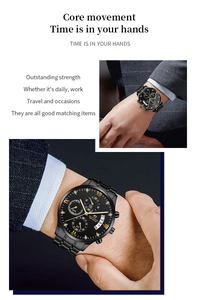 Detailed macro view of black stainless steel business watch dial with golden markers