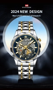 Macro shot of the skeleton dial and gold-tone gears on a business luxury men's watch