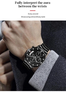 Close-up of a black stainless steel business chronograph watch on a man's wrist with suit