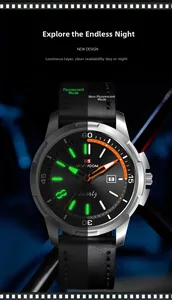 Luminous watch display showing glowing hands and markers in dark conditions for men