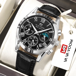 Men's multifunctional quartz watch with black Roman dial and leather strap in a display box