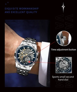 Detail of silver stainless steel watch showing time adjustment button and sub-dials