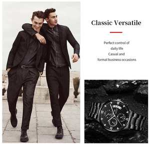 Detail showing men's black stainless steel watch with Roman numeral dial and chronograph