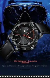 Detail of waterproof quartz watch with black leather strap in 30M water splash scene