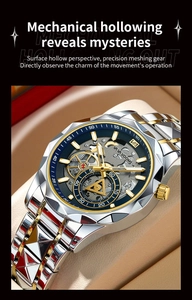 Close-up of skeleton mechanical watch with silver and gold steel strap and gear view