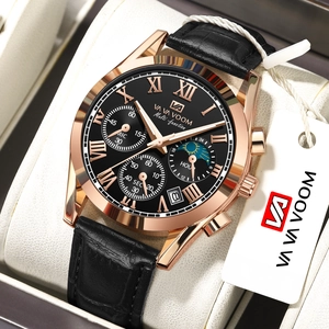 Men's multifunctional quartz watch with rose gold case and black leather strap