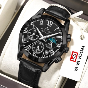 VA VA VOOM black multifunction quartz watch with leather strap and luminous hands