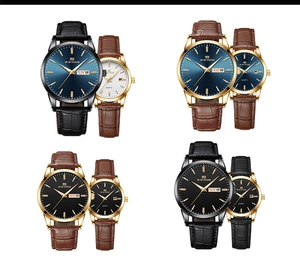 Detailansicht der Quarz-Paaruhren mit Kalenderanzeige und Lederarmbändern