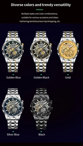 Detailed display of five stylish stainless steel business watches with hollow dial designs