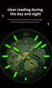 Macro detail of skeleton watch dial featuring luminous markers and golden mechanical gears