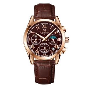Men's multifunctional quartz watch with rose gold case and brown leather strap