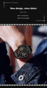Close-up of men's quartz watch with black leather strap and orange details on the dial