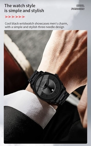 Makroaufnahme einer schwarzen Edelstahl-Armbanduhr mit drei Zeigern und Datumsanzeige