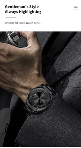 Close-up of minimalist black stainless steel quartz watch with calendar worn by a man