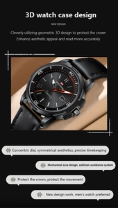 Detailed macro view of black minimalist men's watch with 3D geometric case and leather strap