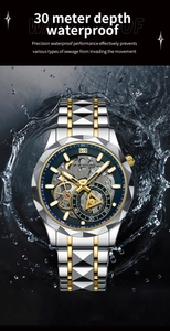 Detail view of steel watch dial with gold skeleton gears and 30m water resistance