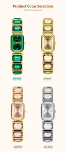 Dettaglio di orologi con lunetta quadrata in gemma nei toni verde, oro, rosa e argento