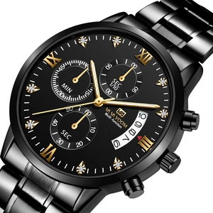 Men's business quartz watch with black stainless steel strap and gold numeral dial