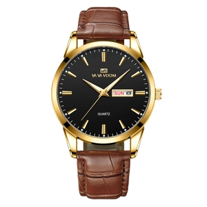 Herren Quarzuhr in Gold mit schwarzem Zifferblatt, Datumsanzeige und braunem Lederband