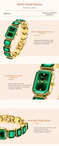 Dettaglio orologio dorato di lusso con cristalli smeraldo e vetro minerale rinforzato