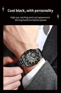 Detailed macro of men's hollow dial quartz watch with geometric faceted steel strap