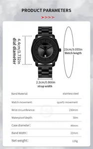 Detaillierte Größentabelle und Spezifikationen für diese schwarze Edelstahl-Herrenuhr