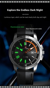 Luminous dial and date display of a VAVA VOOM black leather strap quartz watch