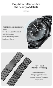 Detail view of men's black quartz watch with scratch-resistant mineral glass and steel strap