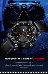 Close-up of men's quartz watch showing 30m waterproof performance in splashing water