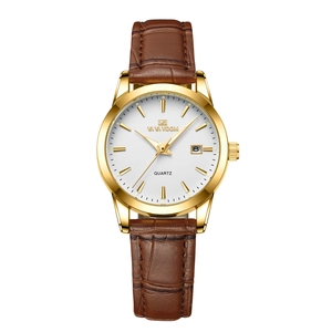Quarzuhr für Herren mit goldenem Gehäuse, weißem Zifferblatt und braunem Lederarmband
