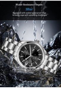 Close-up of waterproof men's quartz watch with date display on wet stone background