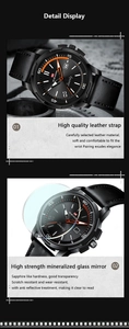 Detail of VAVA VOOM men's watch featuring a black leather strap and calendar date display