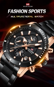 Close-up of black and gold men's sports watch with multifunctional dials and steel strap